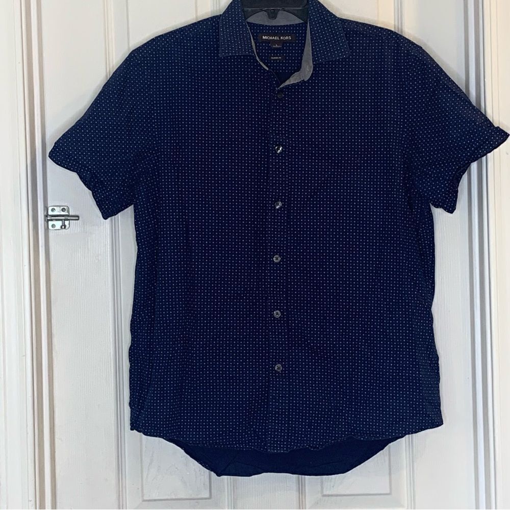 Michael Kors Slim Fit Button Down Navy Polka Dot Shirt Size Largw